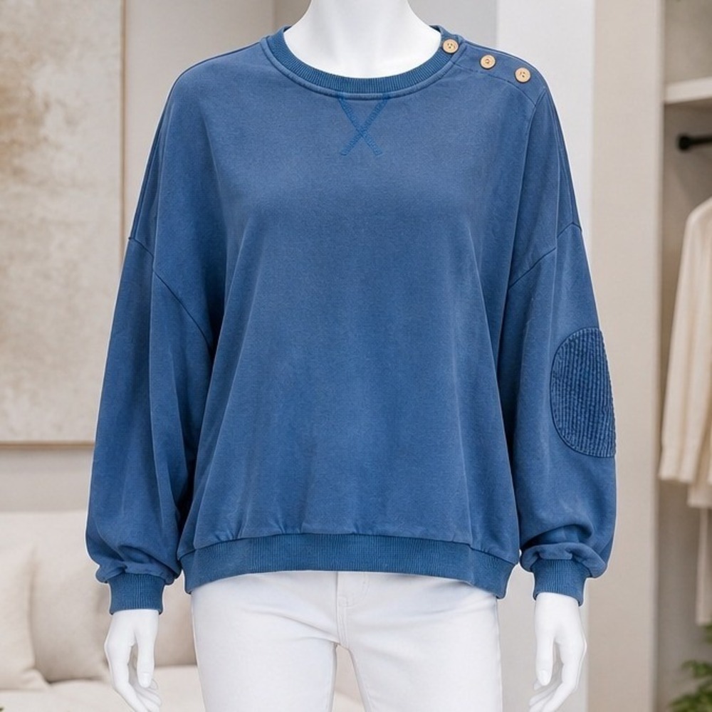 Lili Womens Sweatshirt Blue Corduroy Elbow Patch Button Shoulder Small